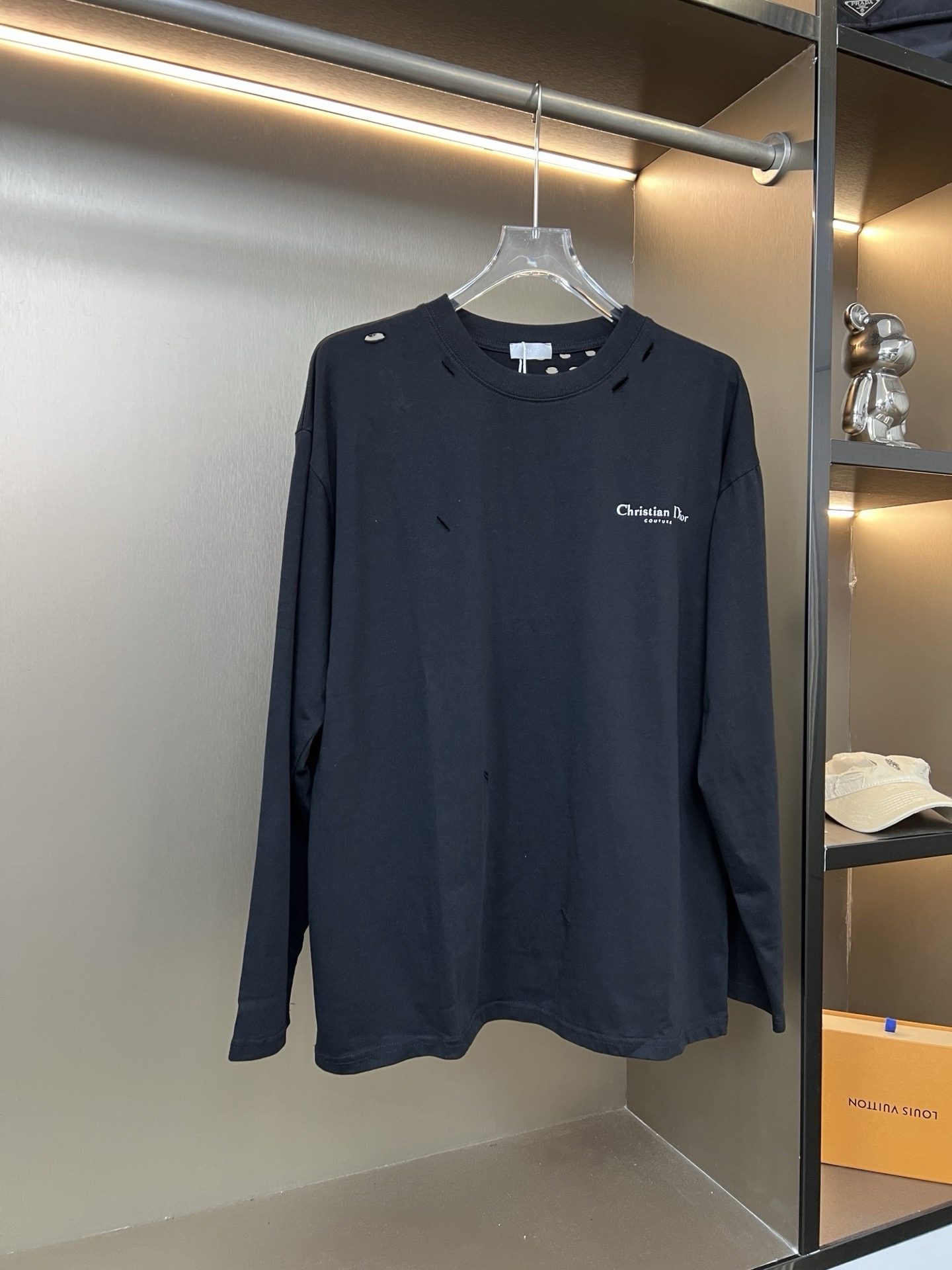 DIOR 2025SS New Solid Color Letter Washed Ripped Couple Casual Long-Sleeve