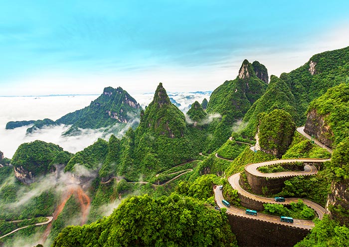 Overlooking the 99-bend mountain road from the Tianmen Mountain cable car.