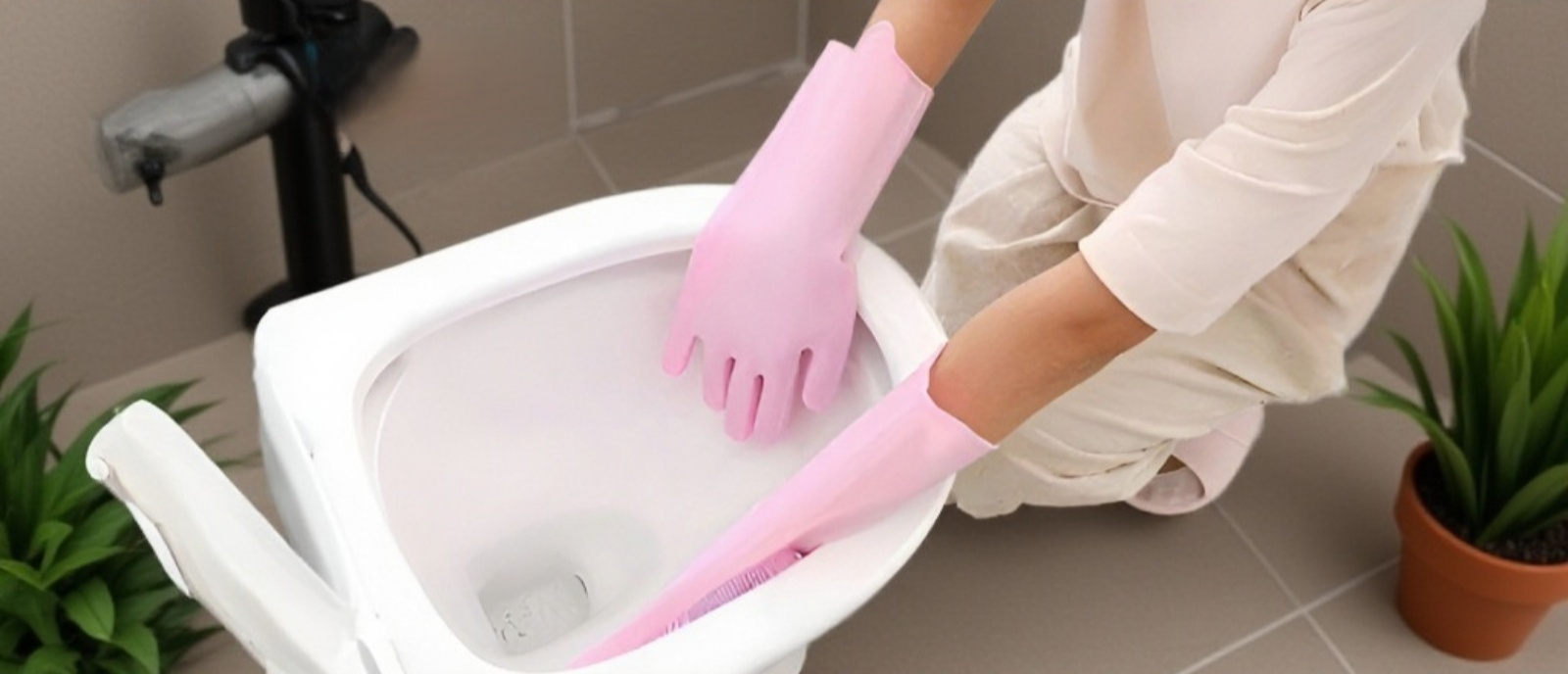 손에 착용한 실리콘 청소 장갑