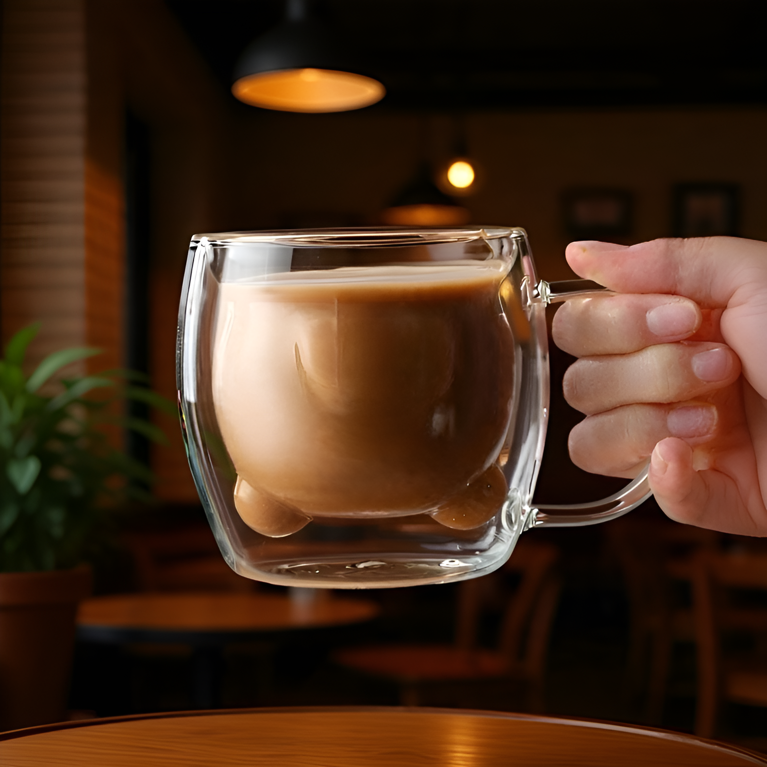 우유가 담긴 귀여운 이중 유리 컵