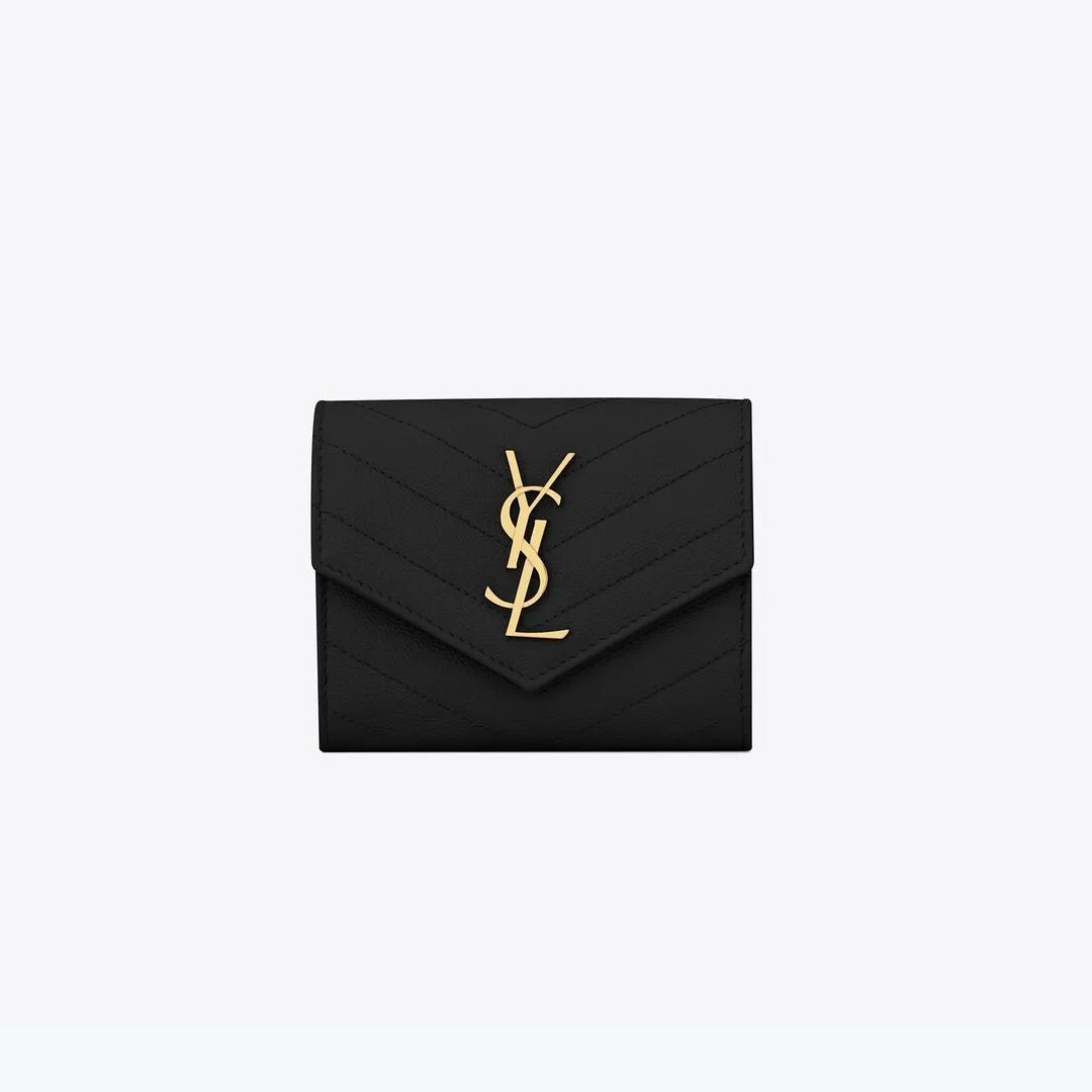 MONOGRAMブラックキルトレザー短い三つ折り財布をテクスチャ