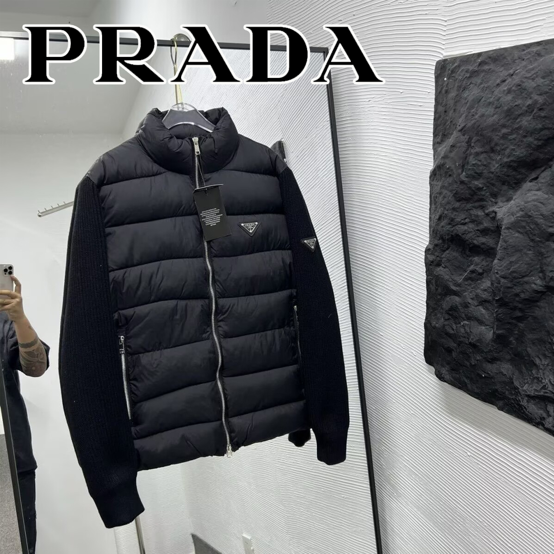 【PRADA】中綿入りウール混カーディガン 長袖 ロゴ コットン
