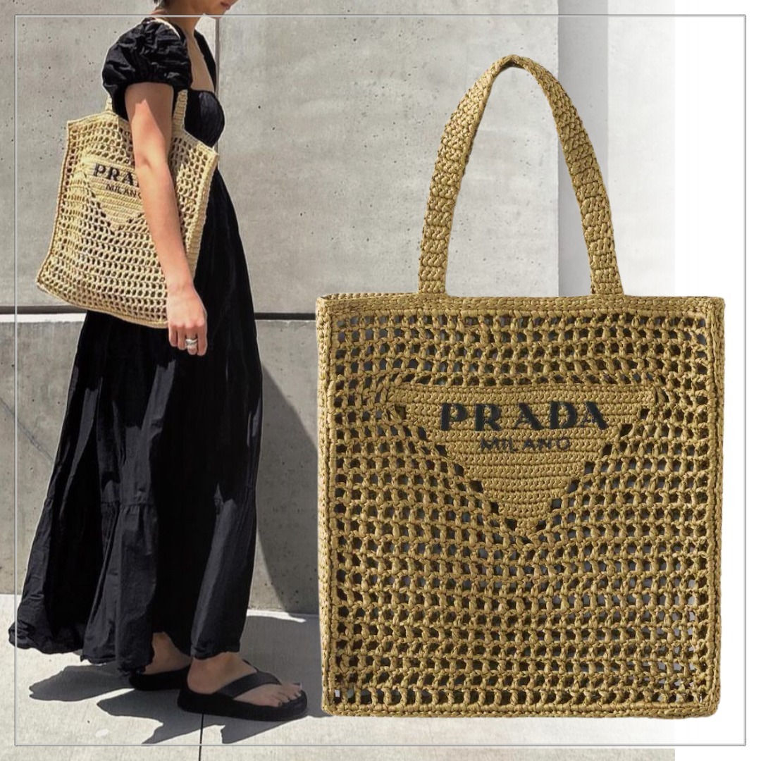 【大人気】PRADA◆ラフィア メッシュ編み トートバッグ ロゴ付き
