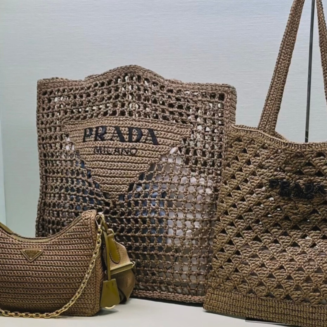 【大人気】PRADA◆ラフィア メッシュ編み トートバッグ ロゴ付き