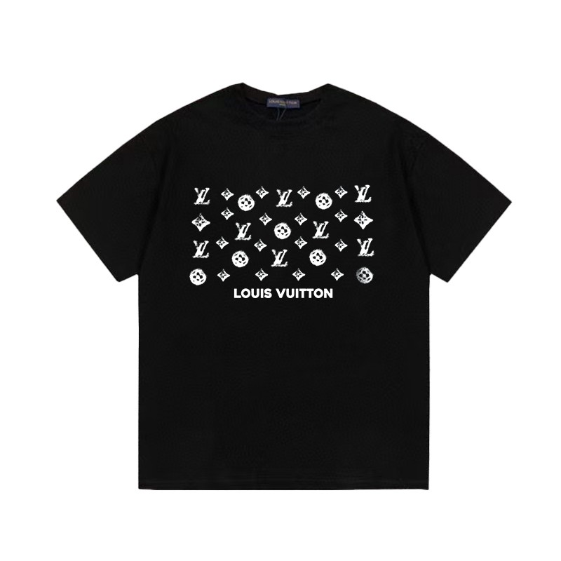 LOUIS VUITTON ルイ・ヴィトン ロゴ、クラシックパターン、サッカー柄プリント ユニセックス 半袖Tシャツ（ブラック/ホワイト）