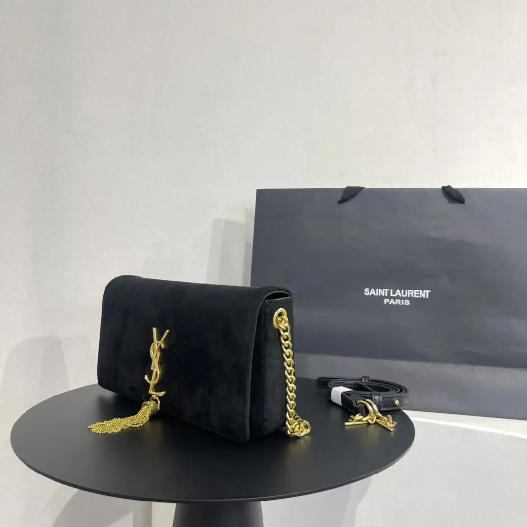 イヴ・サンローラン ブラック スエード モノグラム ミディアム ケイト タッセル バッグ