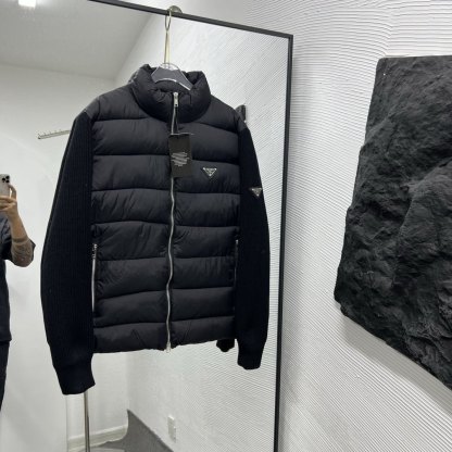 【PRADA】中綿入りウール混カーディガン 長袖 ロゴ コットン