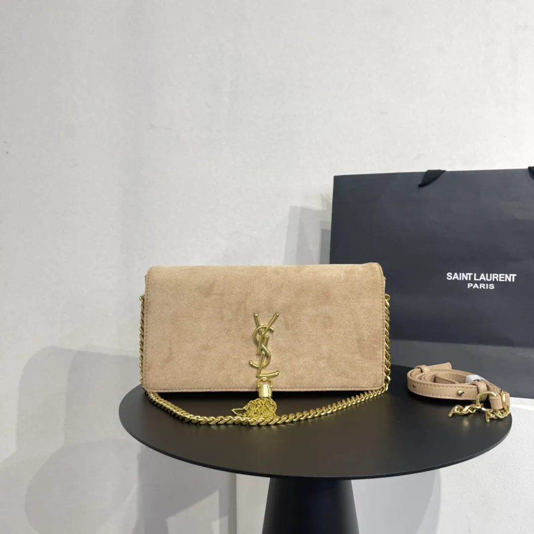 イヴ・サンローラン ブラック スエード モノグラム ミディアム ケイト タッセル バッグ