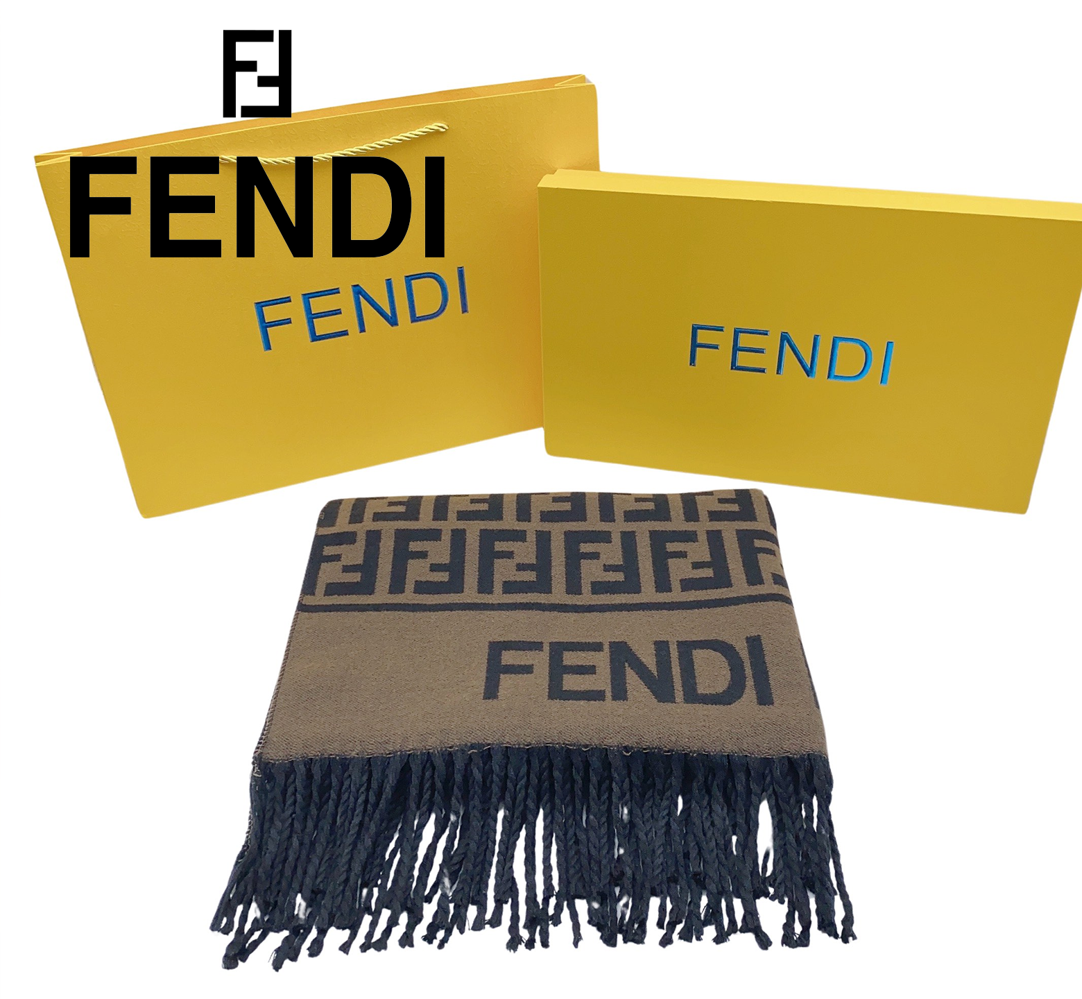 フェンディ Fロゴプリント入り暖かウールスカーフ - ユニセックス/カップル向けスタイル - ブラウン