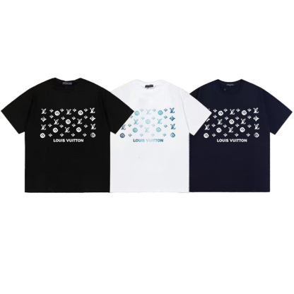 LOUIS VUITTON ルイ・ヴィトン ロゴ、クラシックパターン、サッカー柄プリント ユニセックス 半袖Tシャツ（ブラック/ホワイト）