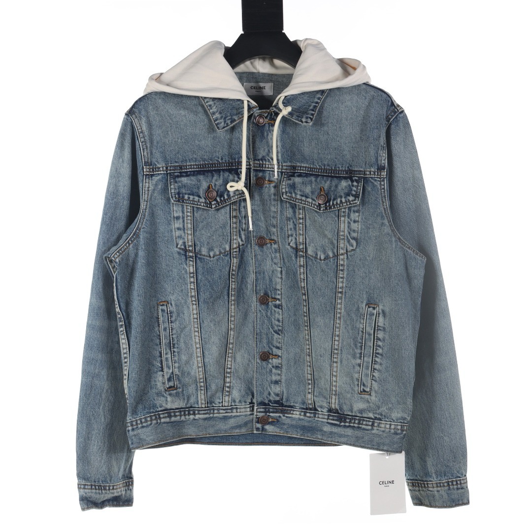 CELINE パッチワーク フード付き デニム スウェットシャツ ジャケット