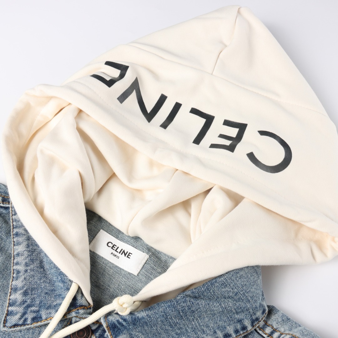 CELINE パッチワーク フード付き デニム スウェットシャツ ジャケット