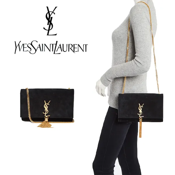 イヴ・サンローラン ブラック スエード モノグラム ミディアム ケイト タッセル バッグ