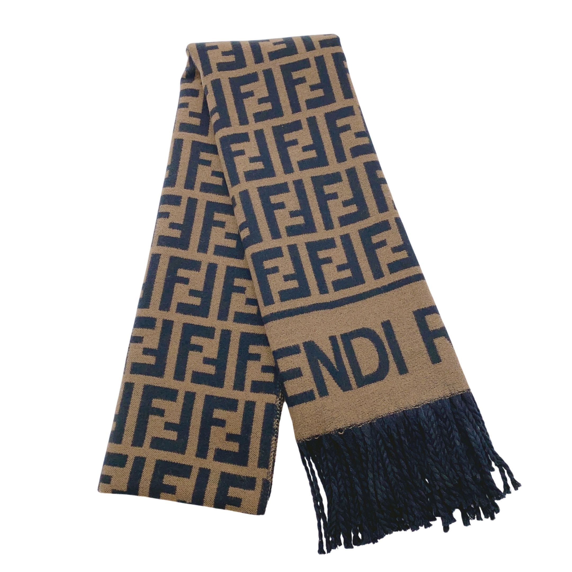 フェンディ Fロゴプリント入り暖かウールスカーフ - ユニセックス/カップル向けスタイル - ブラウン