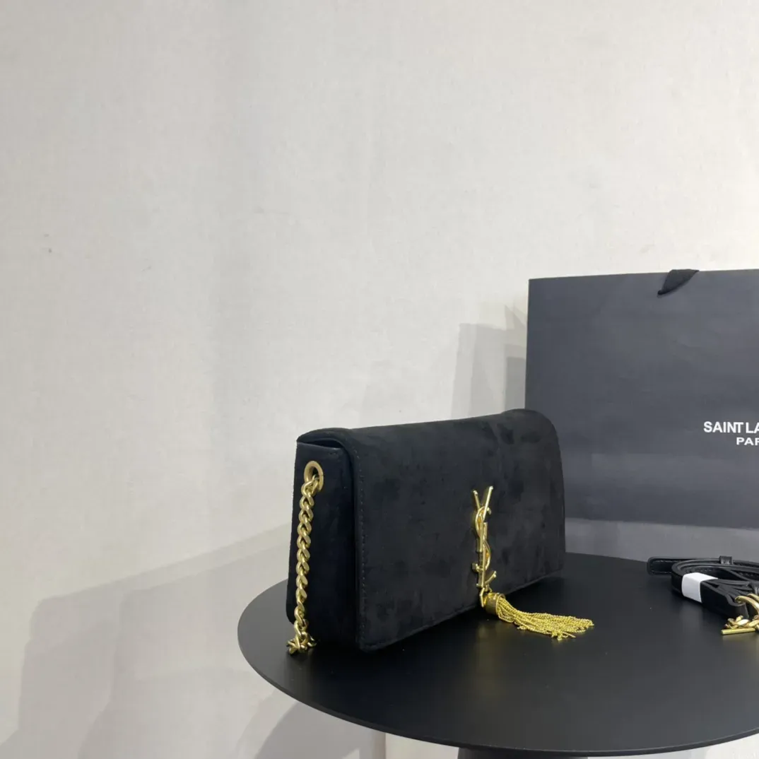 イヴ・サンローラン ブラック スエード モノグラム ミディアム ケイト タッセル バッグ