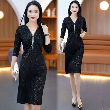 (Dinner party style) Glitter Stretch Slim Zipper Dress