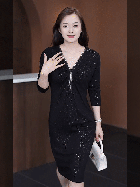 (Dinner party style) Glitter Stretch Slim Zipper Dress