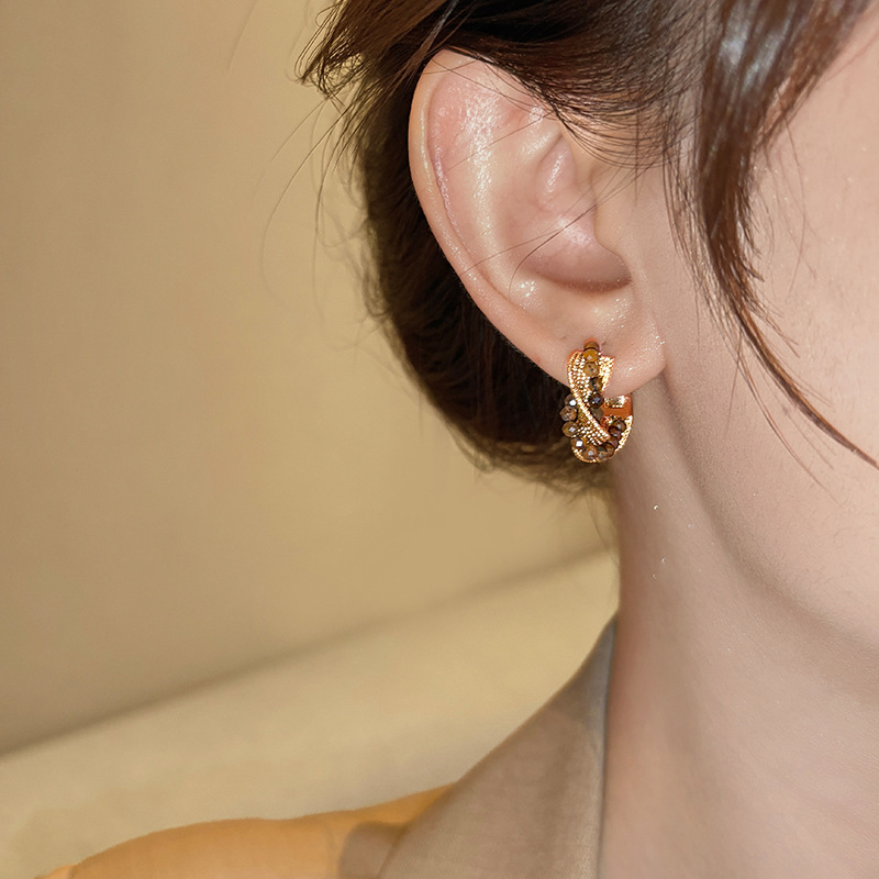 咖色虎眼石水晶圈圈耳環女氣質耳釘耳扣美拉德復古輕奢耳飾