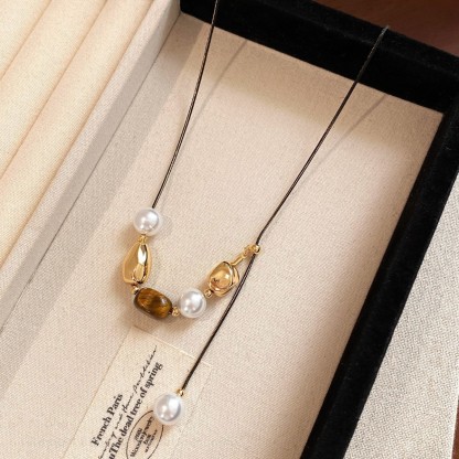 虎眼石拼色串珠珍珠毛衣鏈