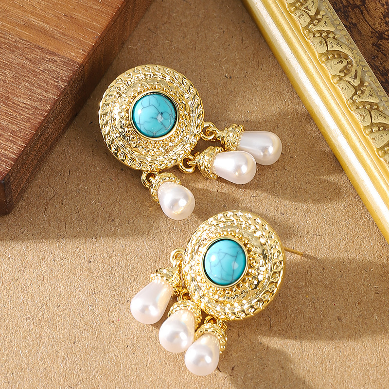 國潮復古民族風藍松石珍珠吊墜流蘇耳環女輕奢高級感個性銀針耳飾