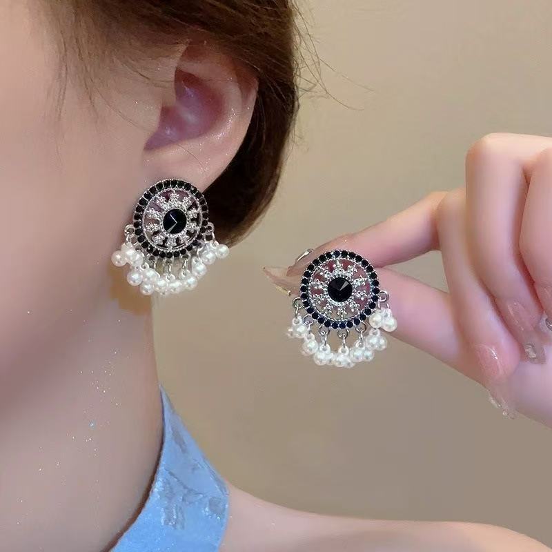 新中式黑金珍珠流苏耳环高级复古民族风轻奢小众高级气质耳钉耳饰