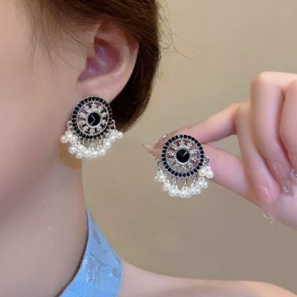 新中式黑金珍珠流苏耳环高级复古民族风轻奢小众高级气质耳钉耳饰