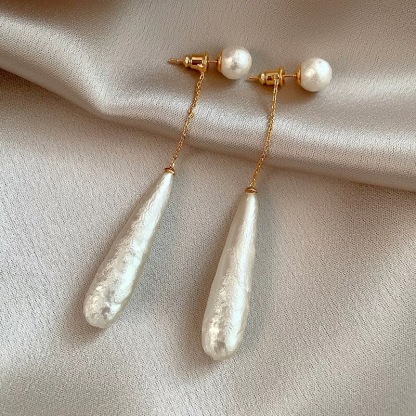 法式優雅美學~紋理水滴珍珠耳環女高级感設計两戴式耳钉耳飾