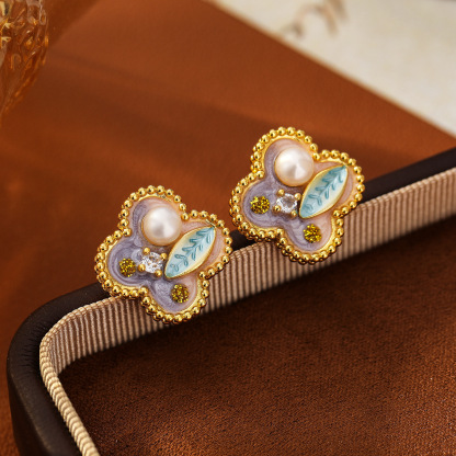 油画四叶花朵｜珐琅彩绘中古风耳钉｜巴洛克珍珠百搭耳饰