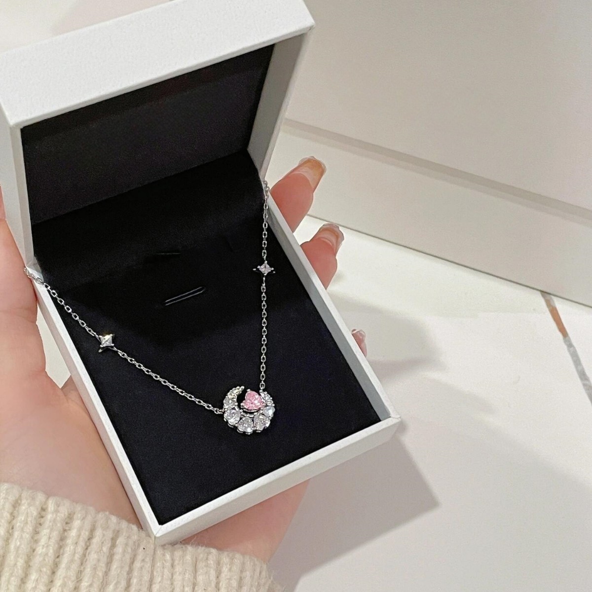 幻夢心月項鍊｜愛心粉鑽星月鎖骨鏈｜
