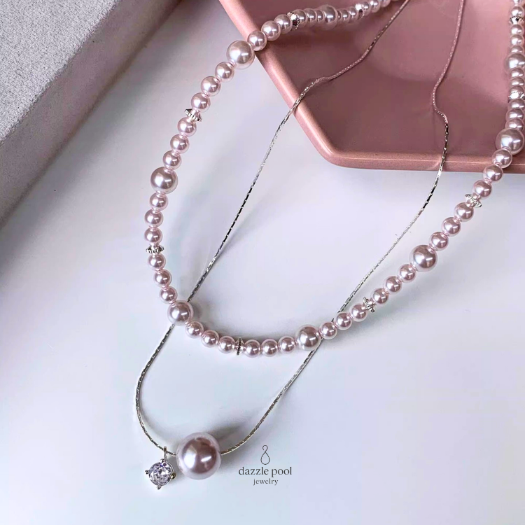 甜酒珍珠｜錯落珍珠&曼塔玫瑰鋯石 疊戴項鍊｜40+5公分
