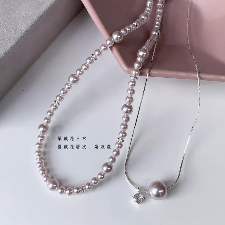 甜酒珍珠｜錯落珍珠&曼塔玫瑰鋯石 疊戴項鍊｜40+5公分