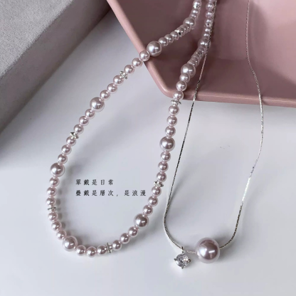 甜酒珍珠｜錯落珍珠&曼塔玫瑰鋯石 疊戴項鍊｜40+5公分