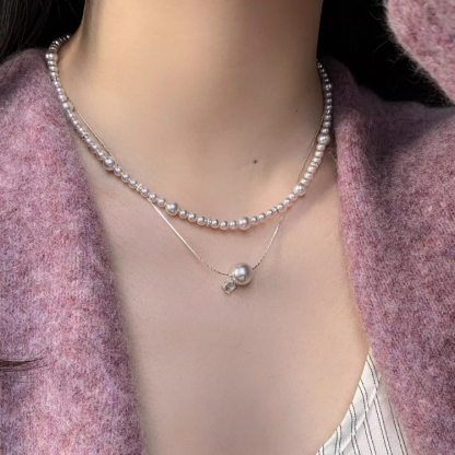 甜酒珍珠｜錯落珍珠&曼塔玫瑰鋯石 疊戴項鍊｜40+5公分