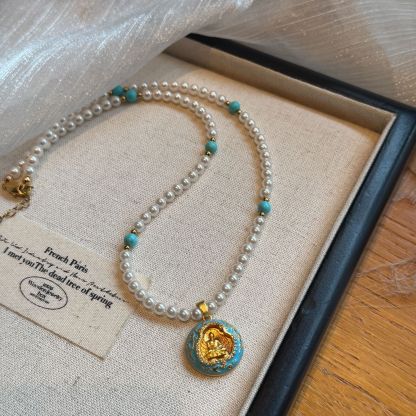 無量佛绿松石珍珠項鏈｜新年轉運｜國風項鏈長50公分