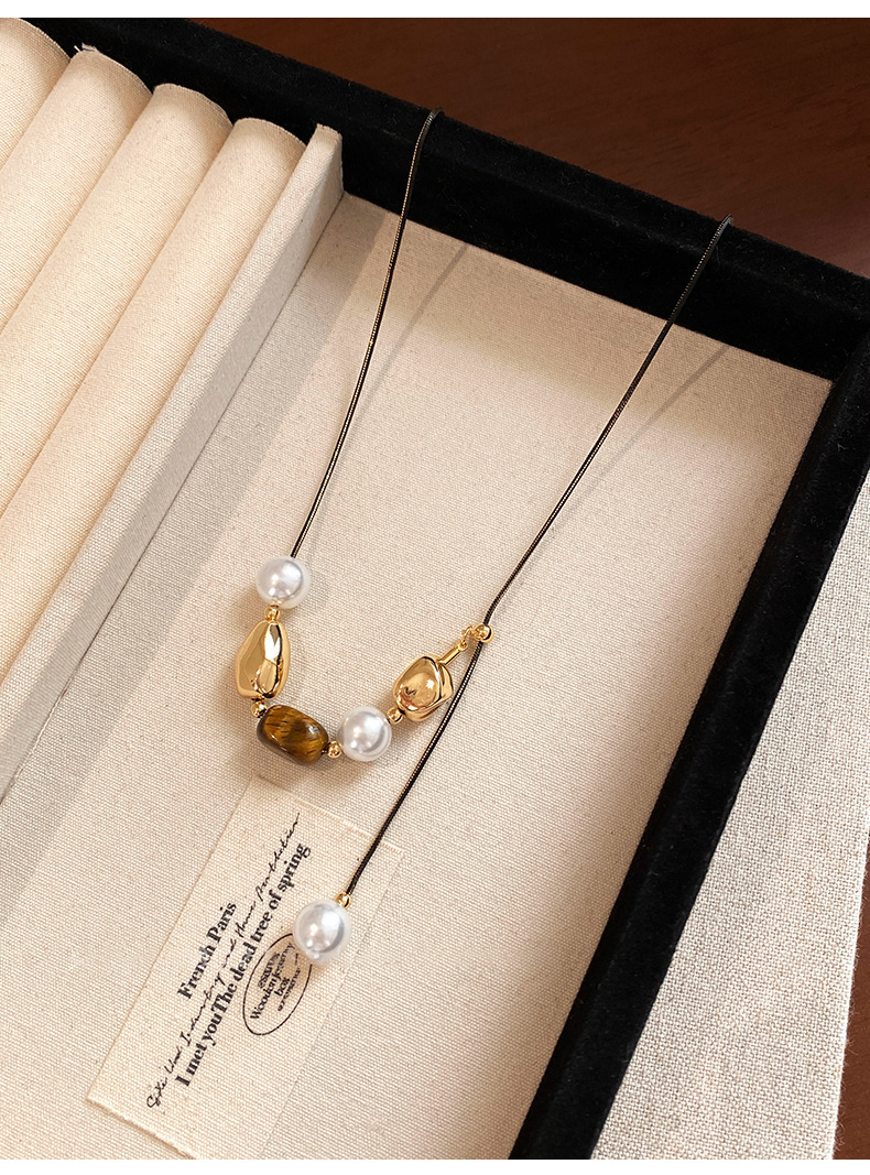 虎眼石拼色串珠珍珠毛衣鏈