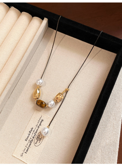 虎眼石拼色串珠珍珠毛衣鏈