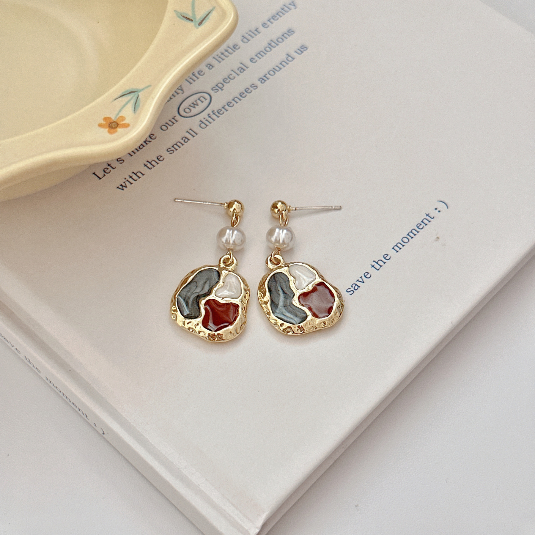 油画感复古/不规则拼色/巴洛克珍珠耳环/女法式气质时尚耳夹