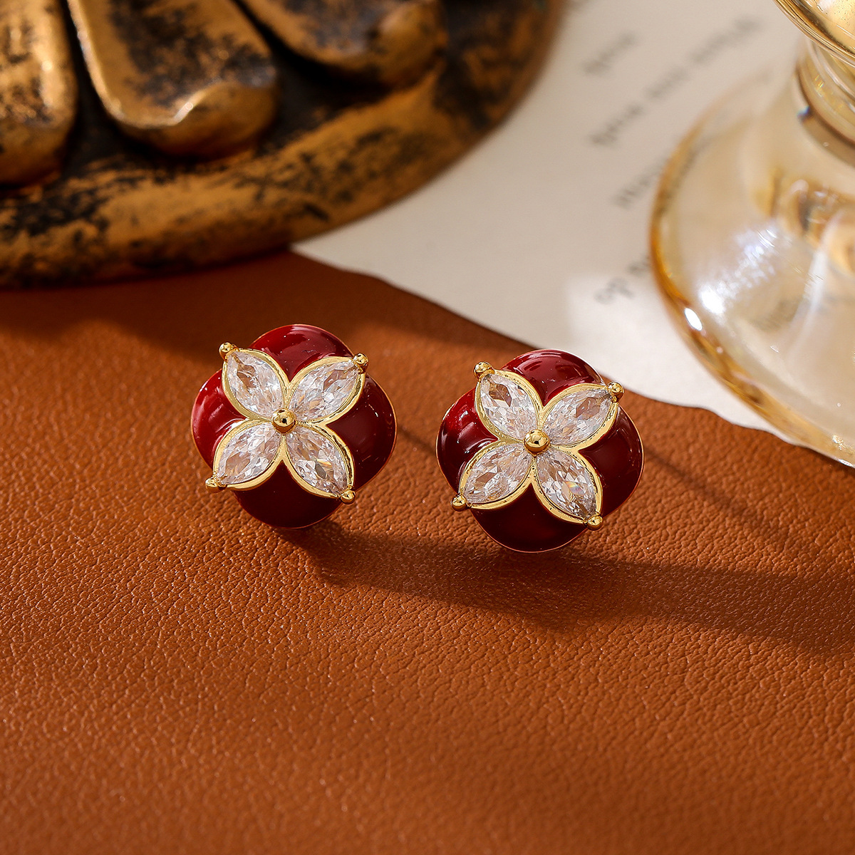 复古美拉德滴油锆石四叶草耳钉｜时尚百搭高级感耳饰