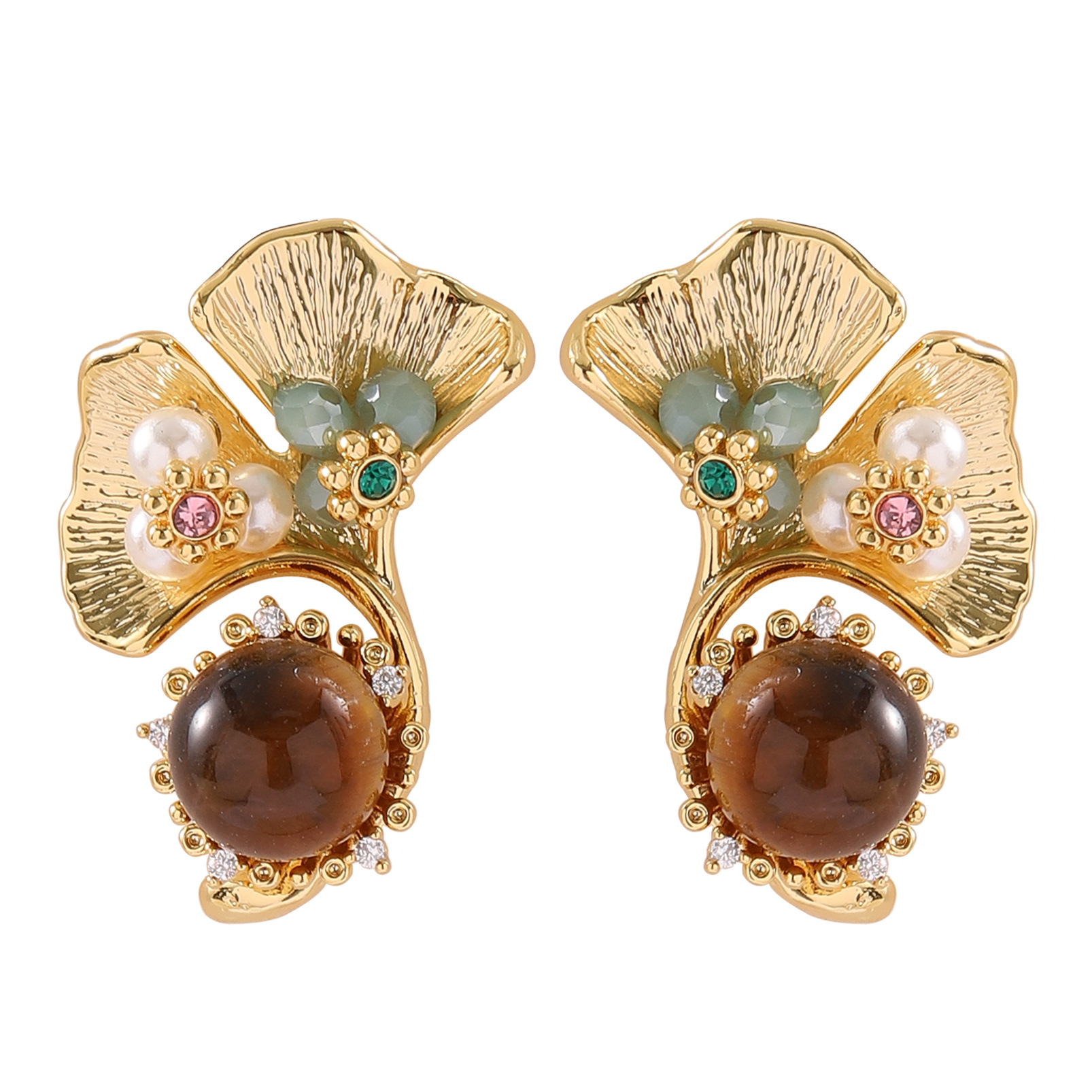 優雅精緻法式宮廷風格虎眼石銀杏葉珍珠女生耳環