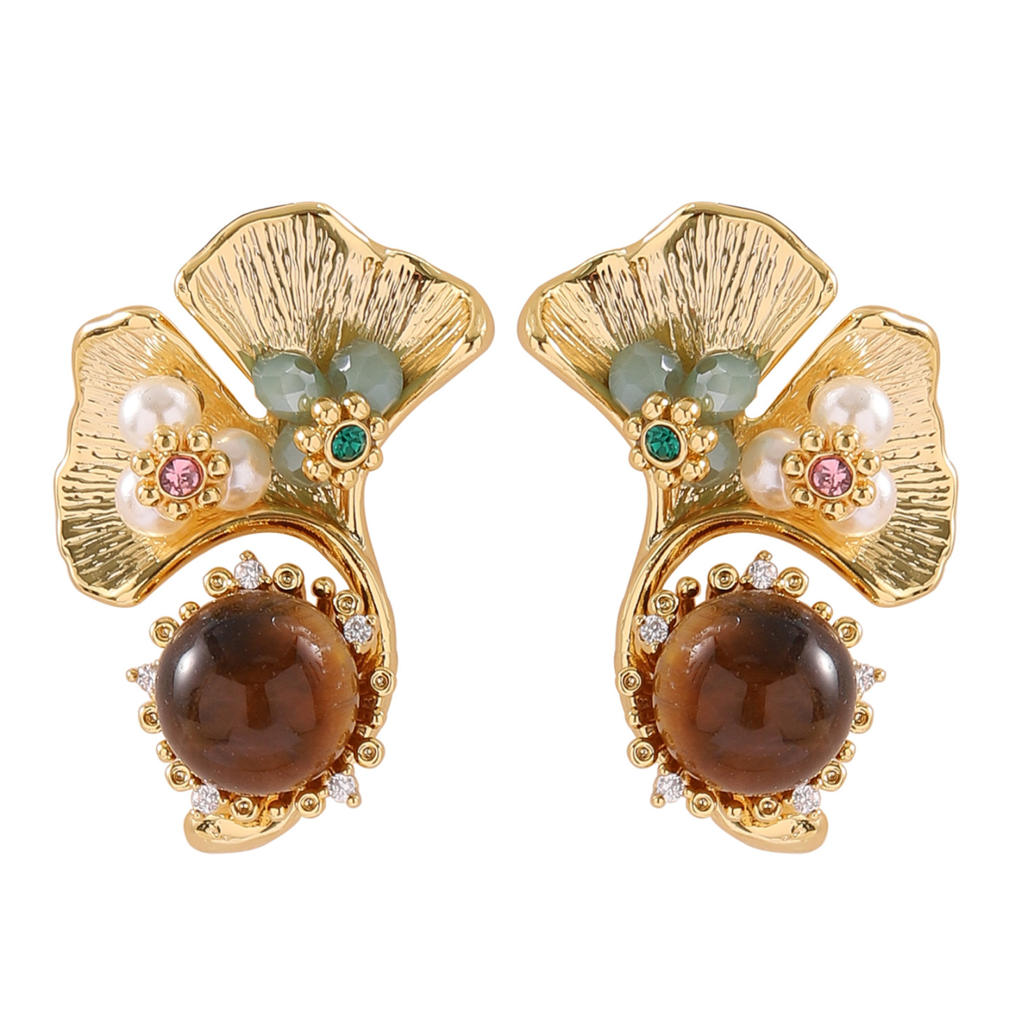 優雅精緻法式宮廷風格虎眼石銀杏葉珍珠女生耳環