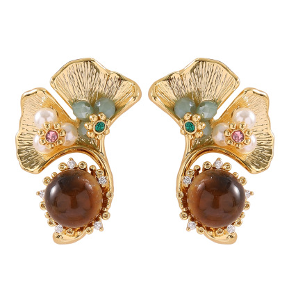 優雅精緻法式宮廷風格虎眼石銀杏葉珍珠女生耳環