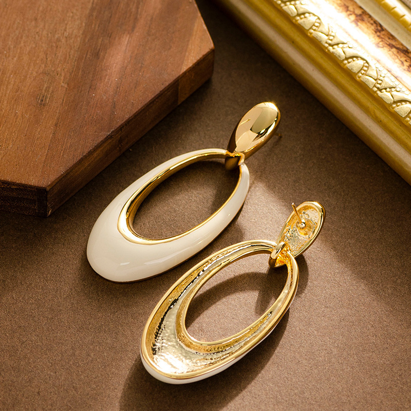 法式優雅復古滴油鏤空幾何橢圓耳環個性設計感銀針耳飾