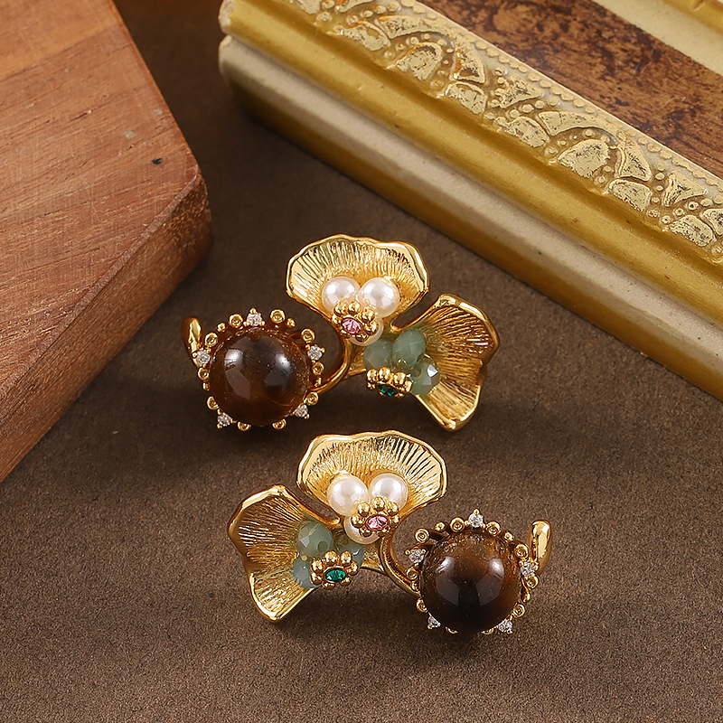 優雅精緻法式宮廷風格虎眼石銀杏葉珍珠女生耳環