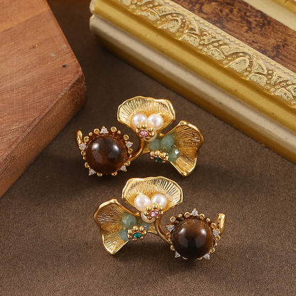 優雅精緻法式宮廷風格虎眼石銀杏葉珍珠女生耳環