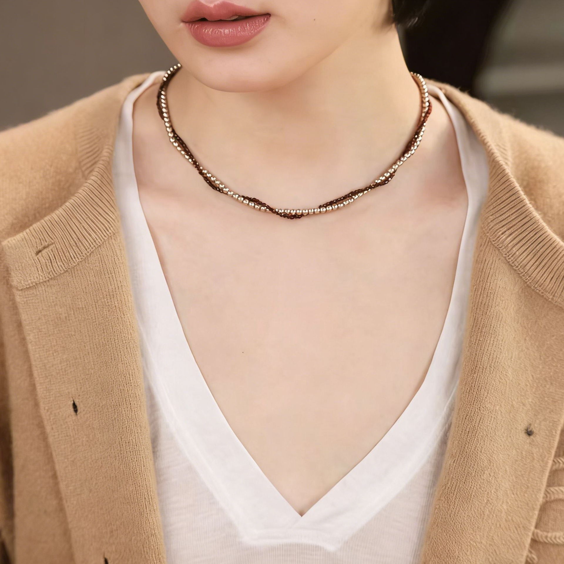 焦糖色·雙圈纏繞珍珠項鍊