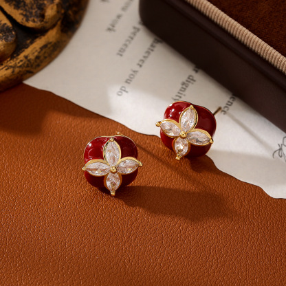 复古美拉德滴油锆石四叶草耳钉｜时尚百搭高级感耳饰