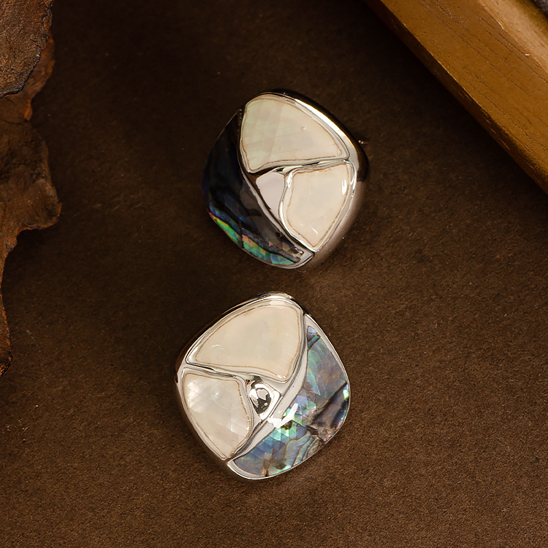 美拉德撞色幾何鮑魚貝滴釉耳釘耳環女高級感銀針耳飾