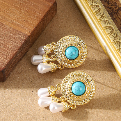 國潮復古民族風藍松石珍珠吊墜流蘇耳環女輕奢高級感個性銀針耳飾