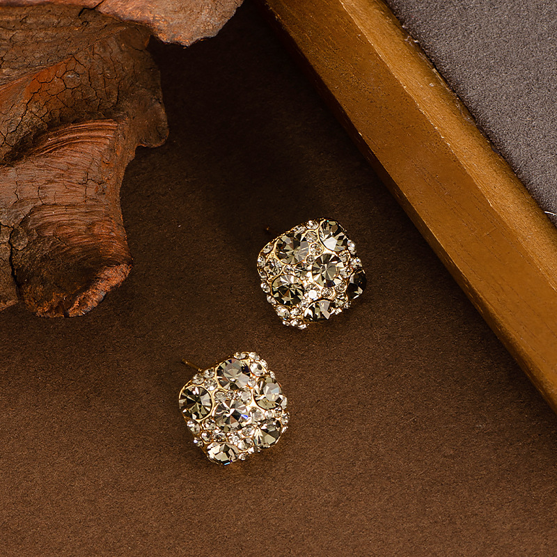 輕奢簡約方形茶色鑲滿鑽超閃鋯石銀針耳釘小衆設計高級感精緻耳飾