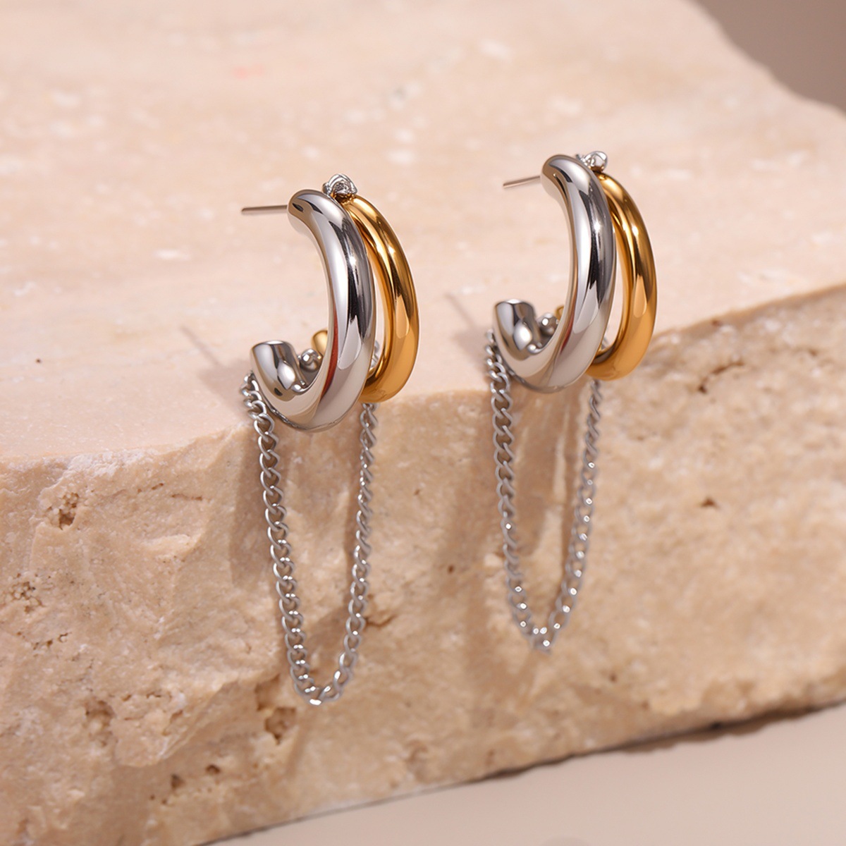 欧美时尚个性流蘇不鏽鋼耳环镀金設計感小眾耳飾品